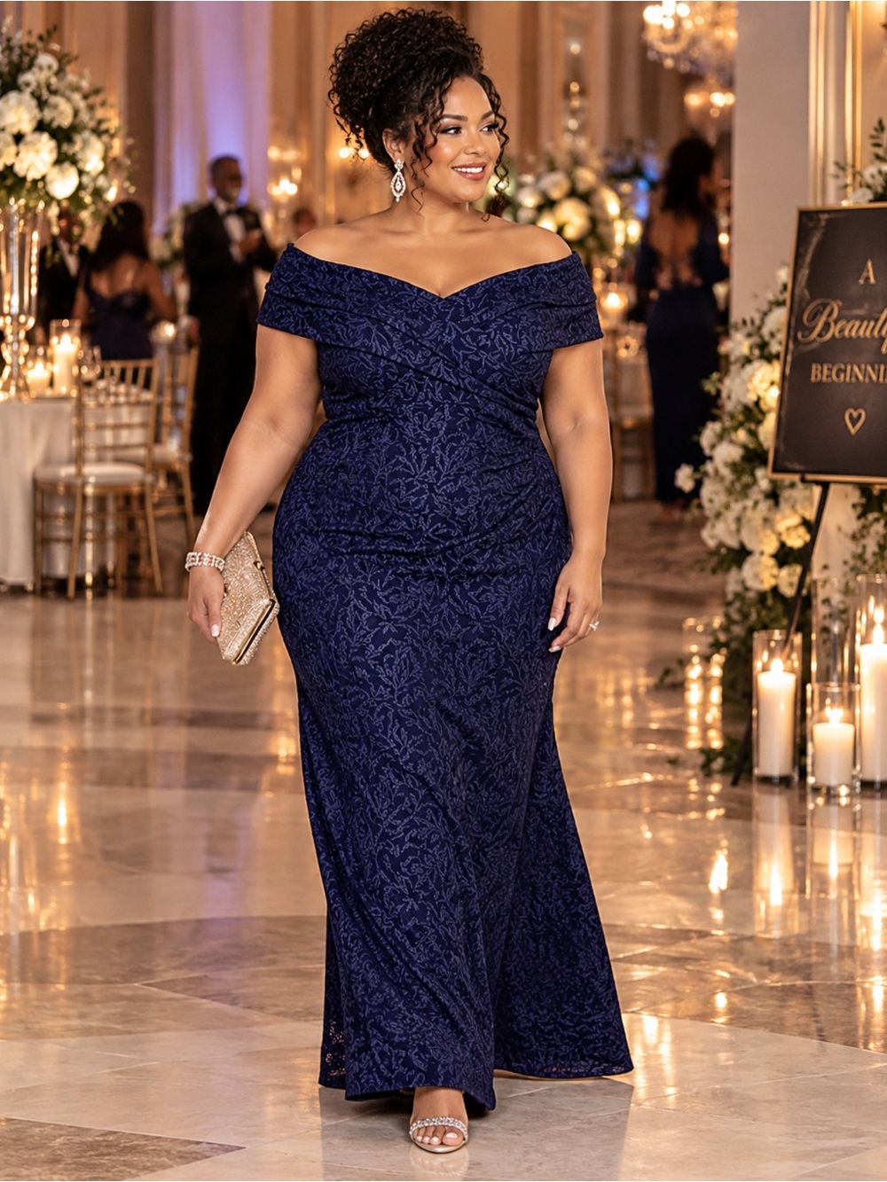 Betsy & Adam NWT Off-the-Shoulder Navy Jacquard Mermaid Gown | Size 18W